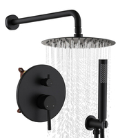 Système de douche mural moderne en laiton doré brossé à double fonction, avec jet de pluie doux, bec de baignoire et douchette à main, ensemble mitigeur de salle de bain