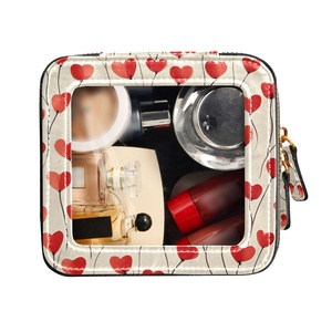 PU Leather Patchwork Makeup <b>Bag</b> Portable <b>clear</b> Red Heart Print Waterproof Toiletry Pouch <b>Travel</b> Makeup <b>Bag</b> - Product Image 2
