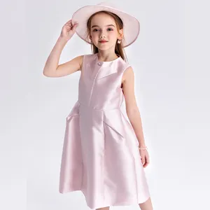 Gaun putri anak perempuan, gaun pesta elegan gaya Eropa, merah muda ringan, desain untuk 3-12 tahun