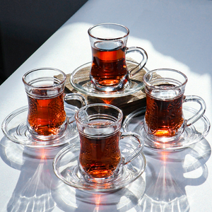 Tazza da Caffè in Vetro Trasparente Stile Turco, Piccola ed Elegante, Resistente al Calore, con Piattino - Product Image 1