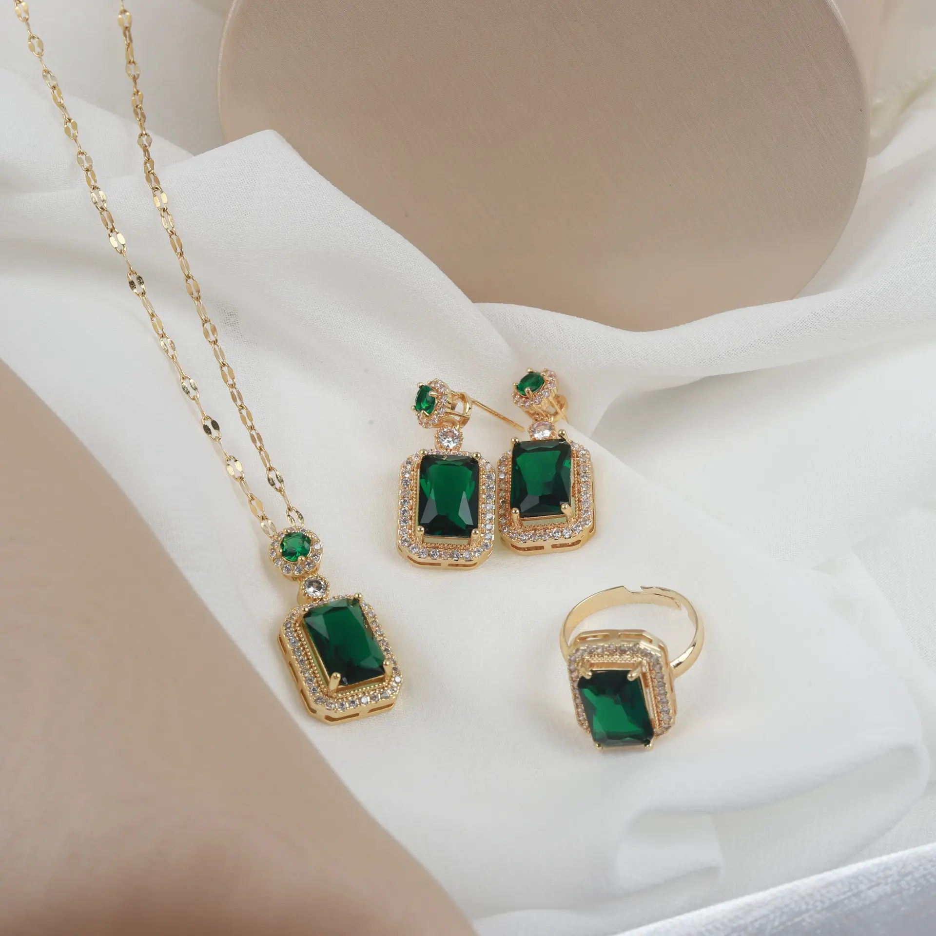 Ins Emerald Necklace female zircon crystal Vintage temperament Earring Ring Jewelry Emerald Necklace