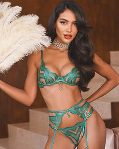 3 pezzi di pizzo floreale di lusso Sexy verde con frange in maglia trasparente marca Lingerie Grande Taille reggiseno e collant Set da donna - Product Image 4