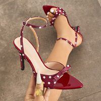Sandales à talons aiguilles à pois avec nœud pour femme, grandes tailles 35-43, bout pointu ouvert, bride de cheville à boucle, chaussures de soirée et de mariage