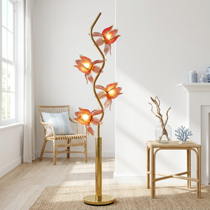Elegante Lámpara de Pie Lotus de 4 Luces, Soporte en Forma de S de Hierro Forjado Dorado, Pétalos de Cristal Rosa, Lámpara de Pie para Interiores E26 - Product Image 5