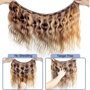 P4/27 Cabello Humano Pre-Adherido con <span class=keywords><strong>Mechas</strong></span> Rubio Miel Ondulado, 100% Cabello Virgen Brasileño Sin Procesar para Castaños, 3 Paquetes Negro - Product Image 4