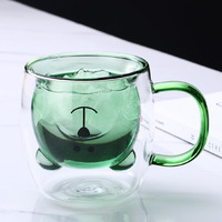 Vente en gros, fait à la main, marron, transparent, rond, 250ml, ours à double paroi, tasse en verre avec poignée
