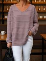 Suéter de punto acanalado suave y cálido de cuello en V texturizado color malva al por mayor, ideal para citas y uso diario.