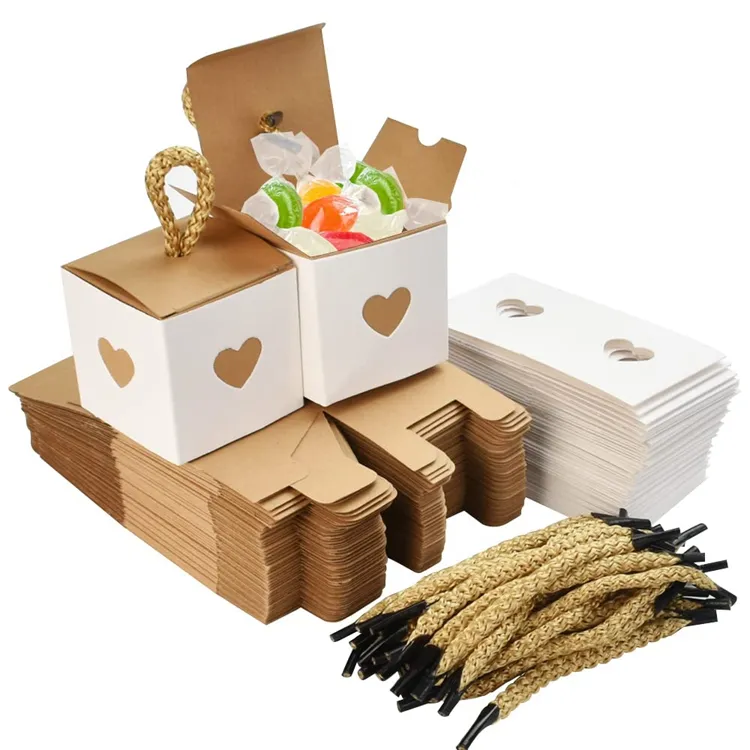 Маленькие бело-коричневые подарочные коробки в форме сердца с веревкой 2,17x2,17x2,17 дюймов бумажные коробки для конфет из крафтовой бумаги, праздничные сувениры H0611