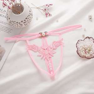 Tanga sexy para mujer, bragas huecas con bordado de malla con cordones, Tanga erótica transparente con perlas bordadas en la espalda en T para niñas - Product Image 3