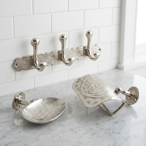 Decorative Brass Bathroom Wall <b>Hooks</b> & <b>Rails</b> Soap Dish Lotion Dispenser Silver Finish Modern Luxury bathroom Accessory Set - Product Image 1