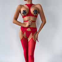 Ensemble de lingerie 4 pièces en maille transparente Dierlove pour femme : soutien-gorge à bonnets ouverts, porte-jarretelles, string et bas