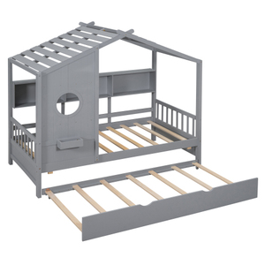 Cama Moderna de Madera Tamaño Completo con Cama Nido, Diseño Moderno para Niños con Estante de Almacenamiento - Product Image 6