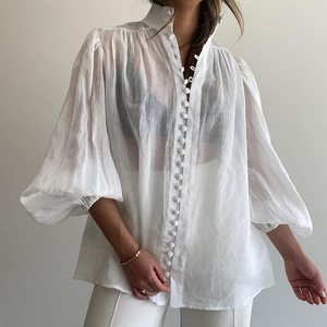 Camicetta da <span class=keywords><strong>donna</strong></span> casual in <span class=keywords><strong>cotone</strong></span> bianco trasparente con colletto alla coreana e bottoni, a maniche lunghe, collezione Estate 2026 - Product Image 1