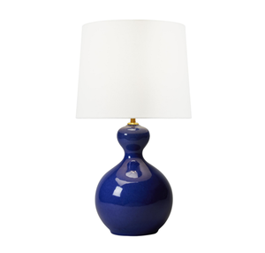 Lampe de table en céramique de calebasse bleu marine avec abat-jour en lin pour la décoration intérieure de la maison d'hôtel - Product Image 1
