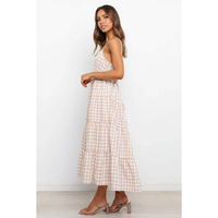 4483 Robe décontractée personnalisée rétro à carreaux gingham, à volants, à bretelles spaghetti, col carré, coupe fluide trapèze, grande taille, pour l'été et les vacances à la plage