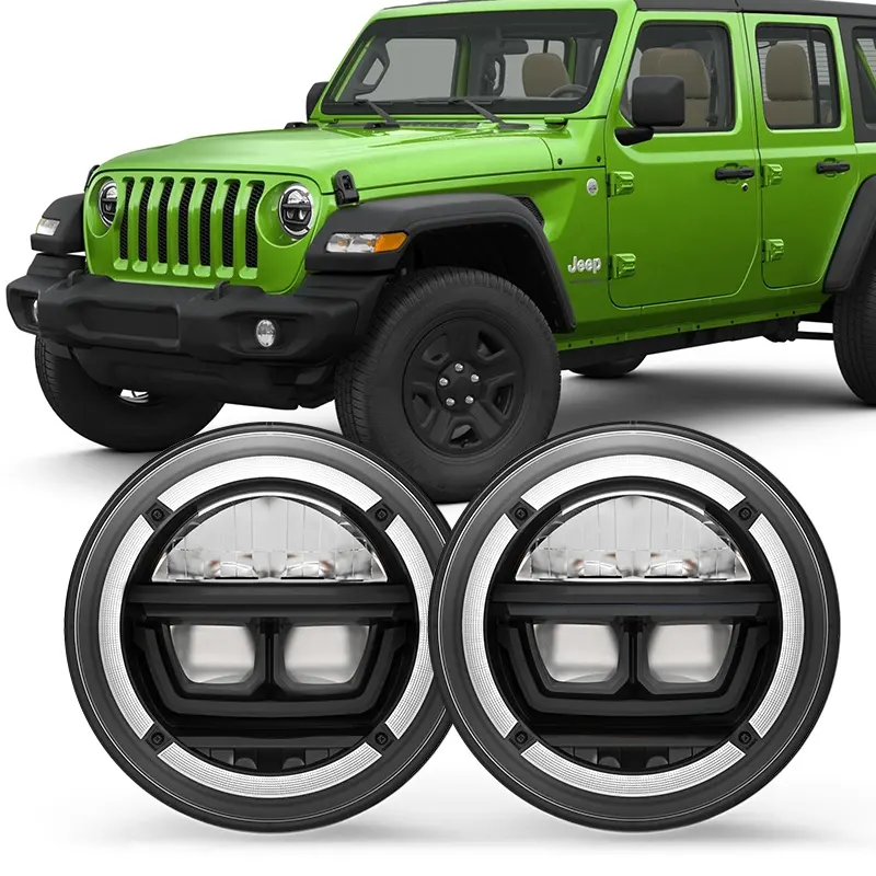 Lampu depan Led sepeda motor, lampu depan sepeda motor sorot rendah tinggi bulat 7 inci, mata sudut kuning putih, lampu sein Drl untuk Jeep Wrangler