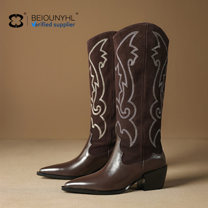 <strong>Brown</strong> Genuine Leather New Arrival Women Square Toe Chunky <strong>Heel</strong> Knee-<strong>High</strong> Embroidery Cowgirl Western <strong>Boots</strong> Zip EVA Autumn/Winter - Product Image 6
