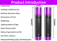 Lampe torche UV portable 365 nm en aluminium rechargeable, lumière noire UV, logo personnalisé acceptable pour l'inspection et la détection
