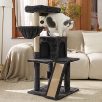 Arbre à chat gris foncé avec hamac, échelle, poteau en sisal et jute, tissu en polyester pelucheux, panneau E1, durable, montage facile, emballage en carton