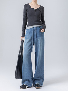 Jeans non élastiques pour femmes, nouvelle collection automne 2026, pantalon taille haute à cordon de serrage, coupe droite, pantalon ample à jambes larges pour femmes - Product Image 3