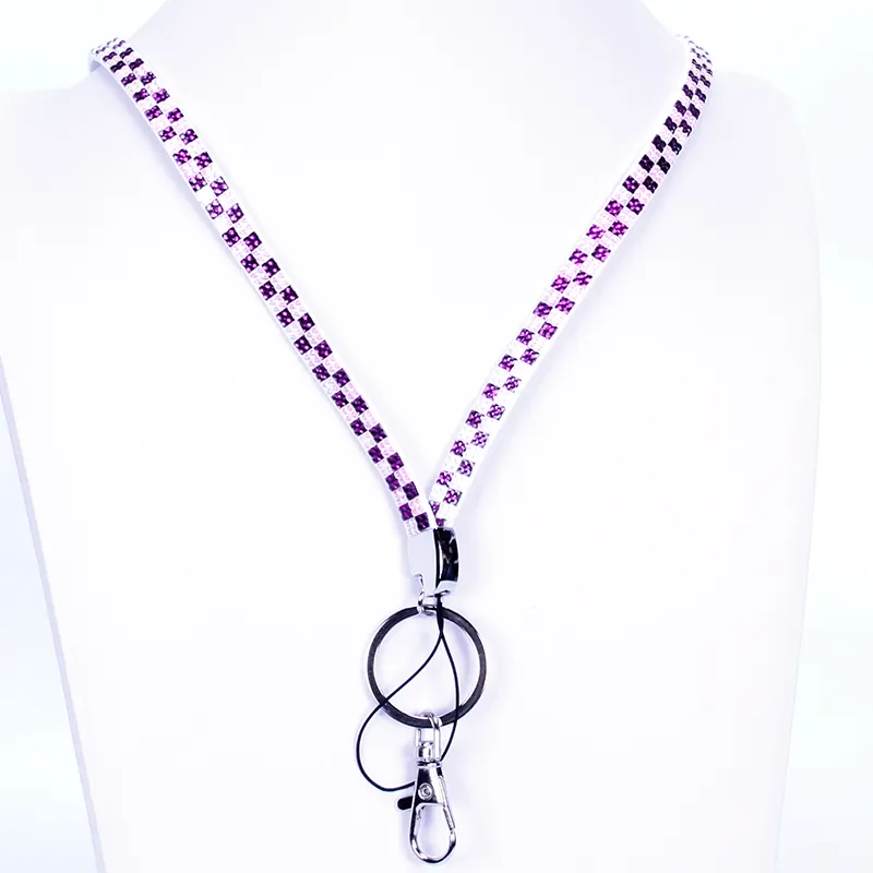 Fashion Stitching color shining purple and white rhinestone lanyard with hook