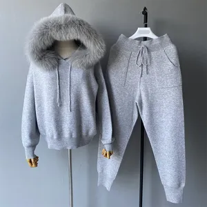 Wholesale Women Cashmere Wool Set Pants Women Knitted Sweater With Real Fox Fur Collar In Stock