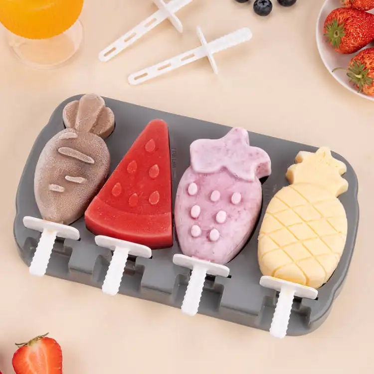 4 Cavidades Custom Ice Cream Pop Mold Ice Lolly Sticks Molde de silicona para paletas Bandeja de cubitos de hielo con tapa