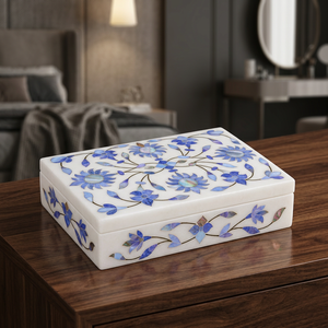 Boîtes à bijoux en nacre de qualité supérieure, fabriquées à la main par Stonecrafts International, design floral gravé, couleur bleue disponible - Product Image 1