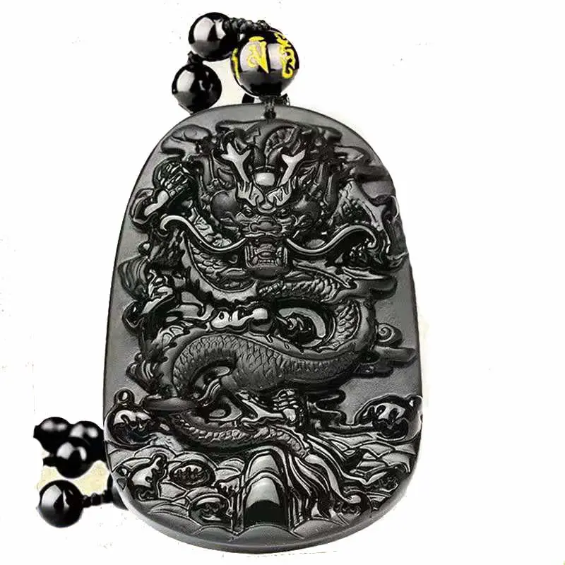 Pendentif amulette porte-bonheur pour homme et femme, bijou en Jade, noir naturel en obsidienne sculpté Dragon, vente en gros, 1 pièce