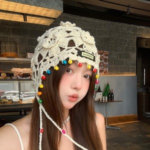 Chapeau à franges tricoté à la main de style ethnique, en coton beige respirant, casquette rétro pour femmes printemps-été - Product Image 3