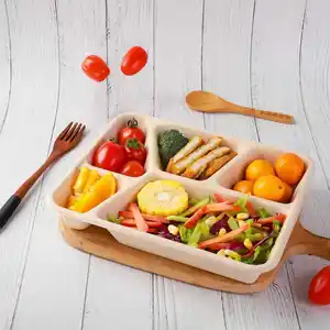 Assiettes en papier compostables à 4 compartiments Plateaux à déjeuner scolaires jetables Assiettes en bambou écologiques pour buffet et fête