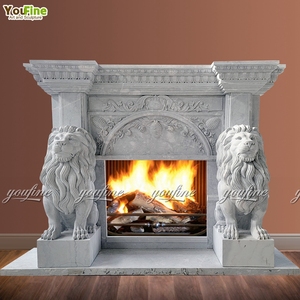 Cheminée en marbre blanc sculpté à la main avec lion - Product Image 2