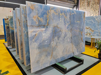 Panneau mural en pierre d'onyx naturel rétroéclairé, bleu ciel doré, marbre d'onyx