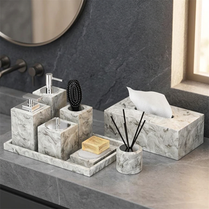 Ensemble de salle de bain moderne en résine, six pièces, distributeur de savon rectangulaire, porte-brosse à dents, boîte à mouchoirs, plateau, facile à nettoyer, pour comptoir - Product Image 1