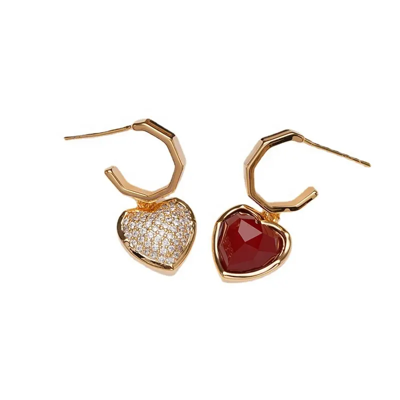 Factory Wholesale Custom 18K Gold Plated C Shape Earrings Brass Fashion Jewelry Epoxy Zircon Heart Drop Earrings For Women Girl