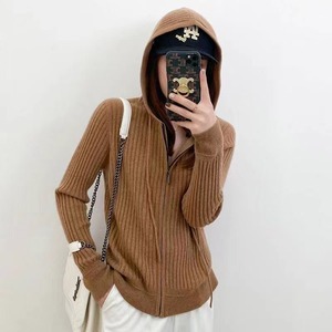 Women's Hooded Knit Sweater One Size Gray Soft Ribbed Zip Front <b>Cardigan</b> Stylish Commute Wear - Product Image 3
