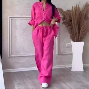 Ensemble Chemise et Pantalon Large Décontracté Couleur Unie à Cordon de Serrage, Style Européen et Américain pour Femme, <span class=keywords><strong>2024</strong></span> - Product Image 4