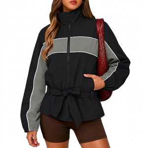 <b>Women</b> Short <b>Lightweight</b> Zip-Up Bomber <b>Jacket</b> with Stand Collar Color Block Peplum Waist Tie for Casual Outdoor Wear - Product Image 1