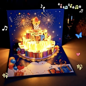 <span class=keywords><strong>Carte</strong></span> d'anniversaire créative 3D avec gâteau pop-up, lumières musicales colorées et fonction d'éclairage magnétique pour créer des vœux chaleureux - Product Image 2