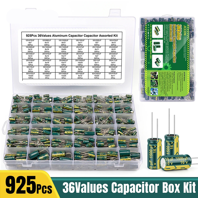 925PCS 36values 10V470uF-63V470uF Green Aluminum Electrolytic Capacitor Sample Kit