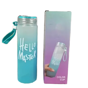 Logotipo personalizado Botella 500ml de <span class=keywords><strong>agua</strong></span> de vidrio de borosilicato <span class=keywords><strong>Forma</strong></span> de cilindro de color degradado con mango de silicona Caja de tapa de PC esmerilada Embalaje - Product Image 1