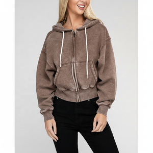 Cuello alto Cremallera-up Sudaderas con capucha regulares Mujeres Cremallera personalizada Algodón pesado Lavado ácido Anti-pilling Transpirable Frente de invierno - Product Image 1