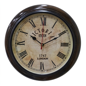 Horloge murale en bois à cadre en acier poli brun au design antique motif numérique à quartz pour ferme salon chambre bureau - Product Image 1