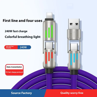 Câble USB 4-en-1 en silicone ultra-doux Type-C 240W 5A à charge rapide avec LED RGB pour ordinateurs portables, tablettes, appareils Android et iOS