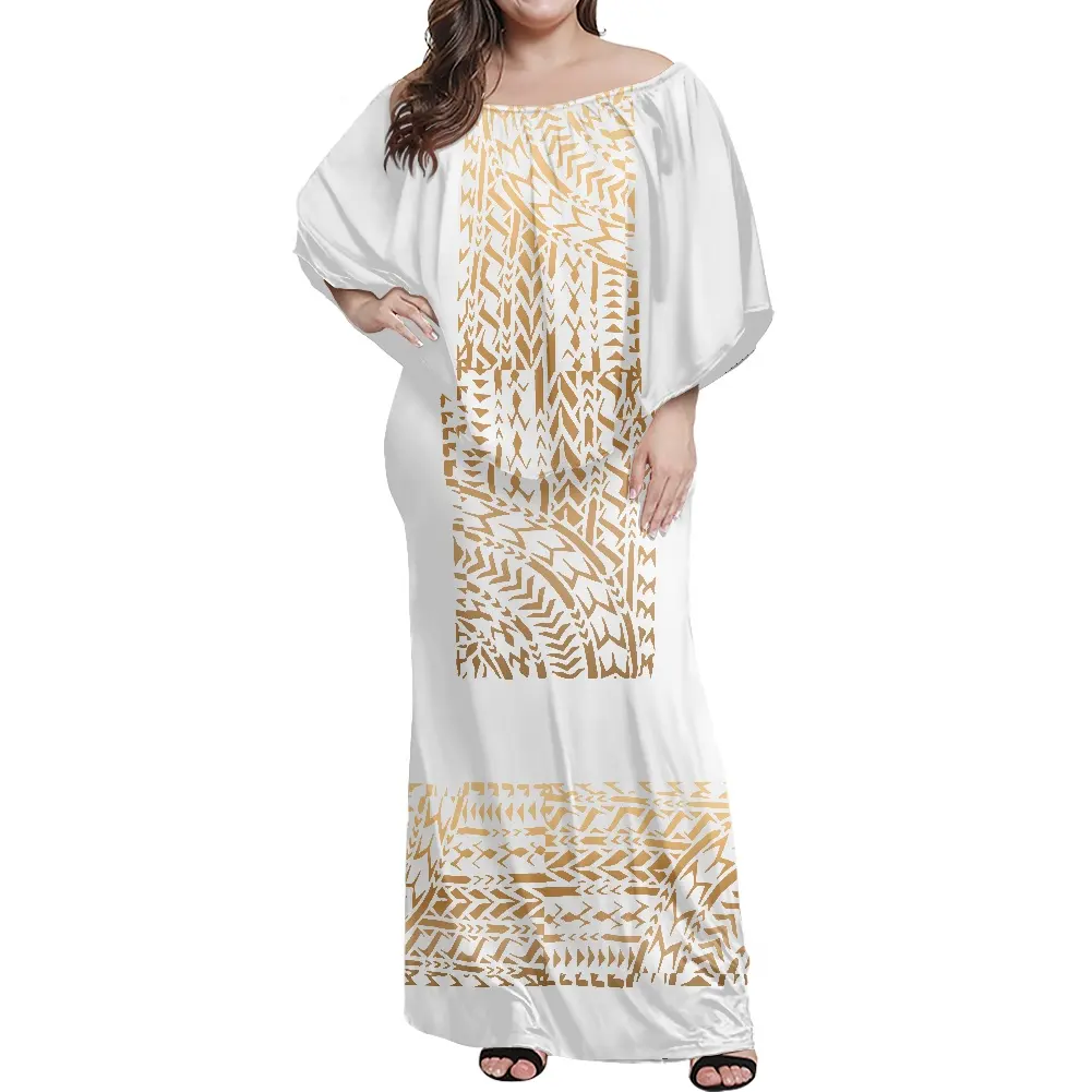 Fashion Plus Size Long Maxi Casual Dresses Batwing Sleeve Women Big Ponchos Dress White Polynesian Tattoo one Shoulder Dress