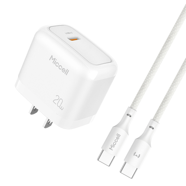 Miccell Wholesale PD 20W Phone ChargersType-C Chargers with C to C Fast Charging Cable Wall Adapter for Iphones,xiaomi,earphones
