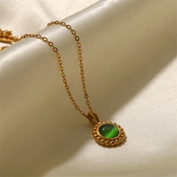 Collar con Colgante Redondo de Acero Inoxidable Dorado con Piedra Natural Verde Ojo de Gato Ovalada para Mujer, Venta al Por Mayor
