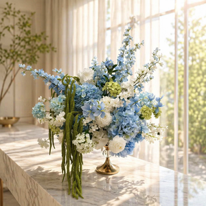 Boule de composition <span class=keywords><strong>florale</strong></span> LUYI la plus populaire pour événements, 50-60 cm, grande, bleu-vert mélangé, hydrangea artificiel, centre de table pour autel - Product Image 2