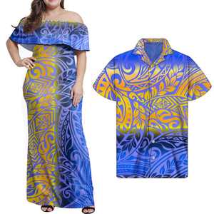 Vestito coppia Polinesiana Disegno Tribale Vestito Casuale Delle Donne Al Largo Della Spalla Ruffle SAMOA e Camicie Amante <span class=keywords><strong>Vestiti</strong></span> Elegante Vestito Lungo - Product Image 1