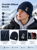 Bonnet en chenille côtelé avec étiquette tissée vintage, revers pliable, bonnet tricoté chaud d'hiver, idéal pour le ski en extérieur et les trajets quotidiens, logo personnalisé